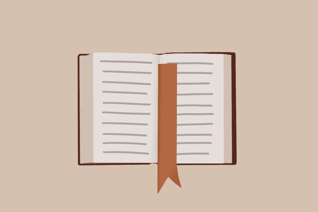 illustration of an open book with a bookmark placed on it