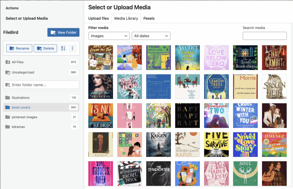 a screenshot of the wordpress media library when the free wordpress plugin filebird lite is used, showing the different folders of media I have - illustrations, book covers, pinterest images, kdramas, and uncategorized