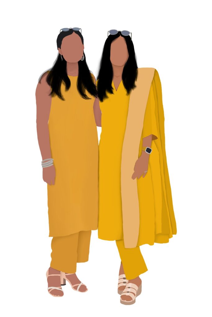 Illustration of my friend and I in yellow Indian outfits!