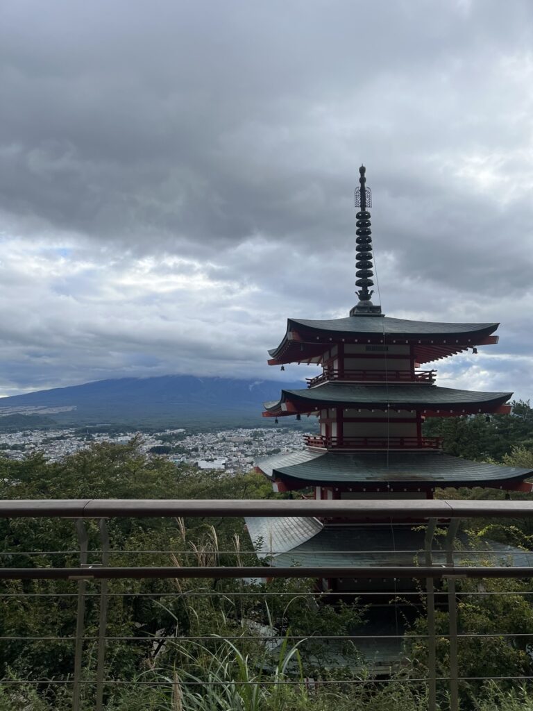 chureito pagoda with a bit of mt. fuji in the back
