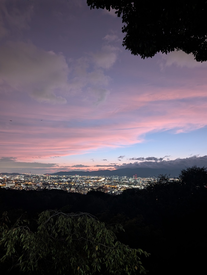 a view from near the top of fushimi inari during sunset