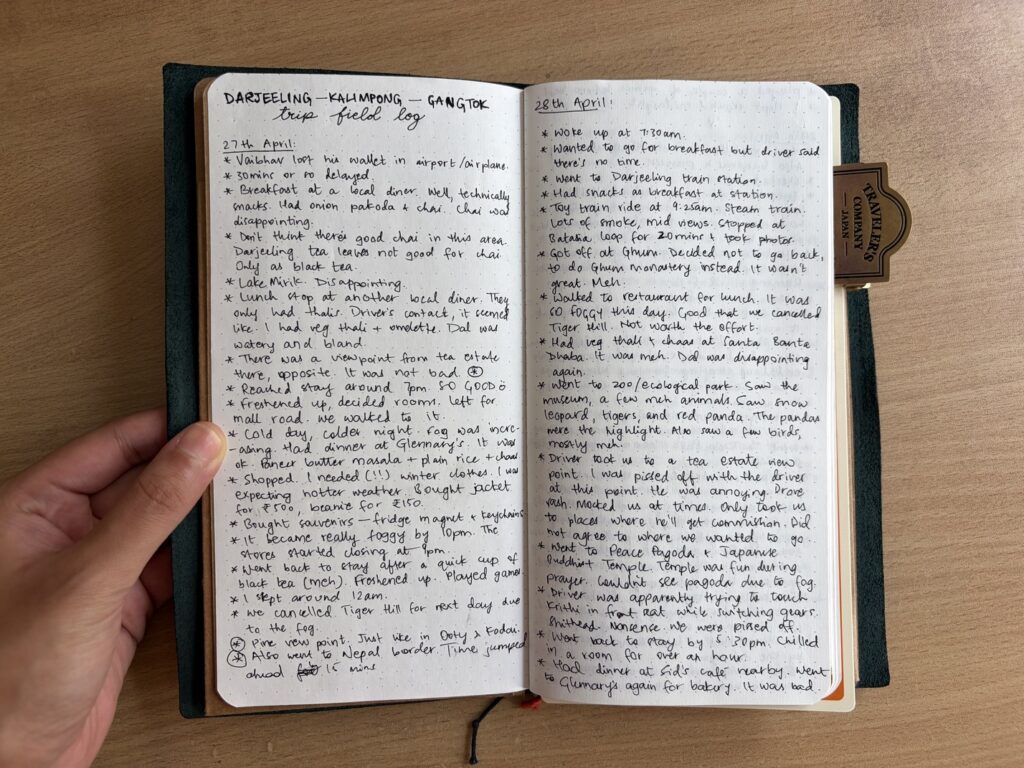 first insert in my traveler's notebook starts with a daily log of my darjeeling trip