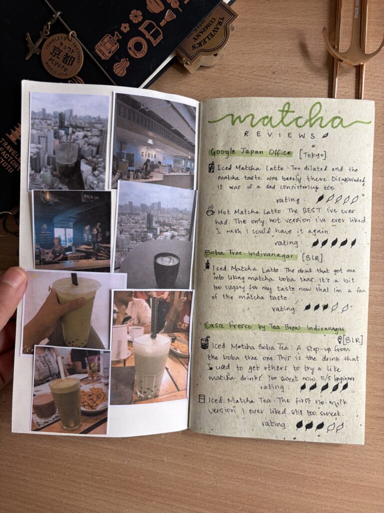 matcha reviews scrapbook page in my travelers notebook